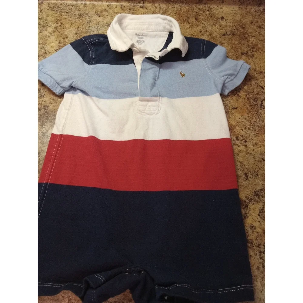 Ralph Lauren Baby Boys 18M Polo Romper Colorblock Striped Navy Blue Red White